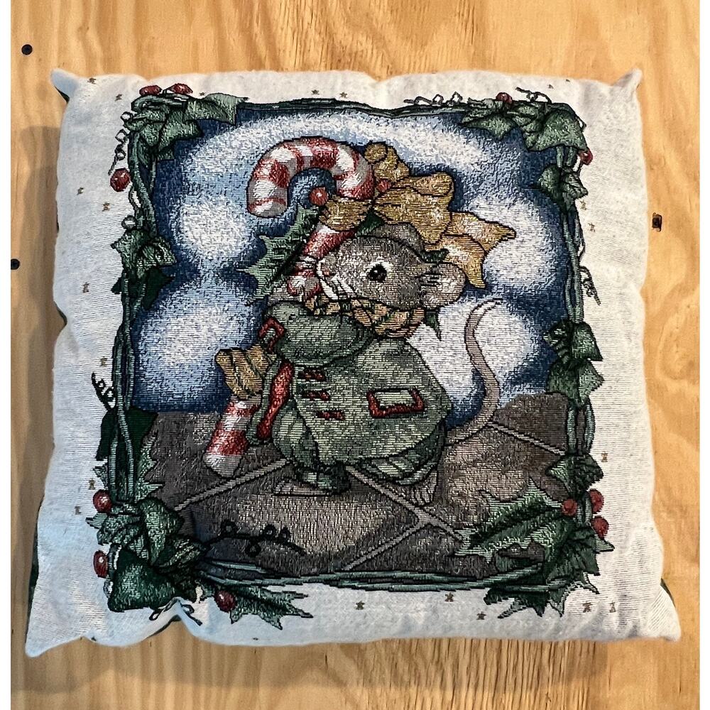 VTG Mouse Candy Cane Tapestry‎ Pillow Holiday Winter Decor Green Snowflake Back